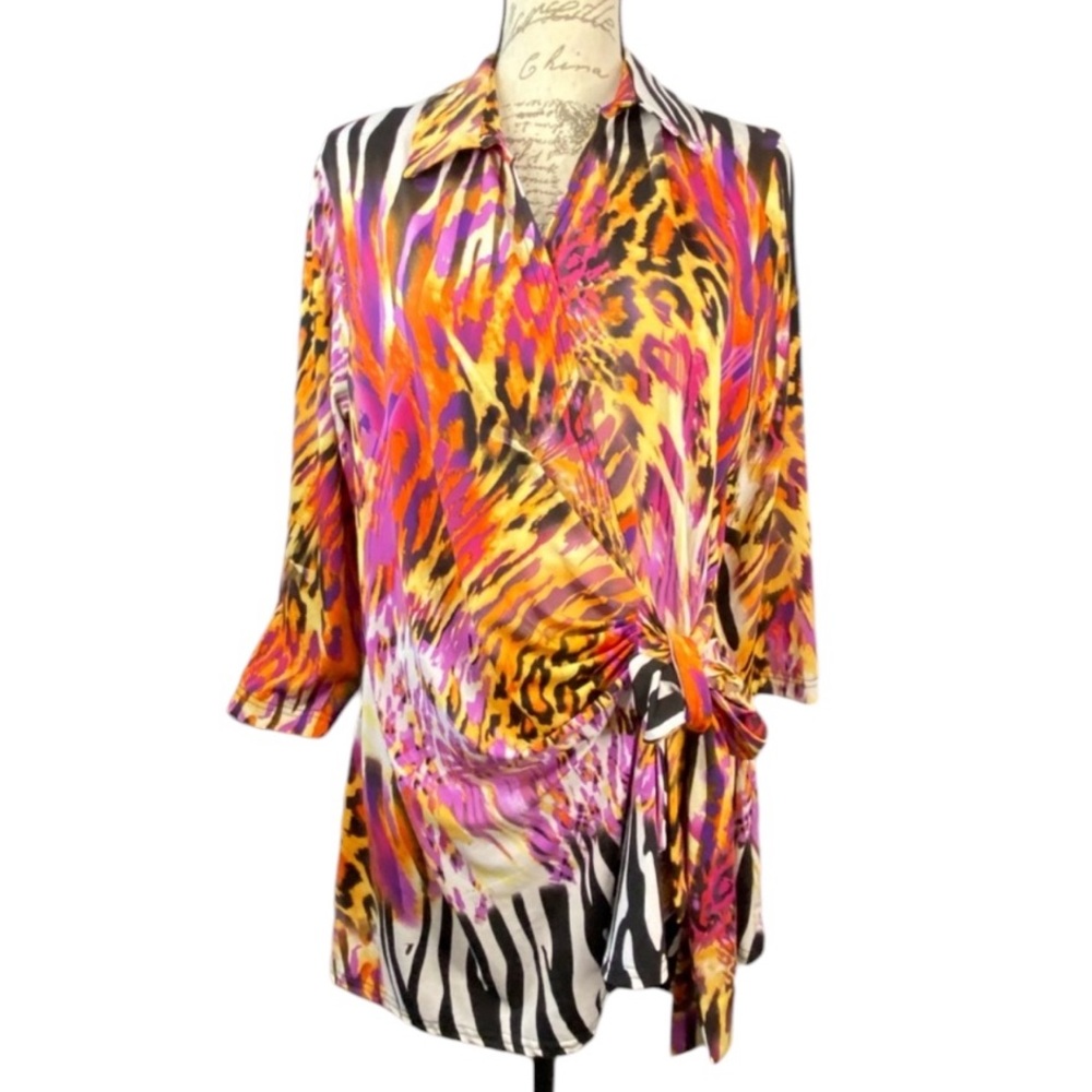 Max & Rina Wrap Side Tie Tunic Animal Mixed Print Long Sleeves Bold Artsy